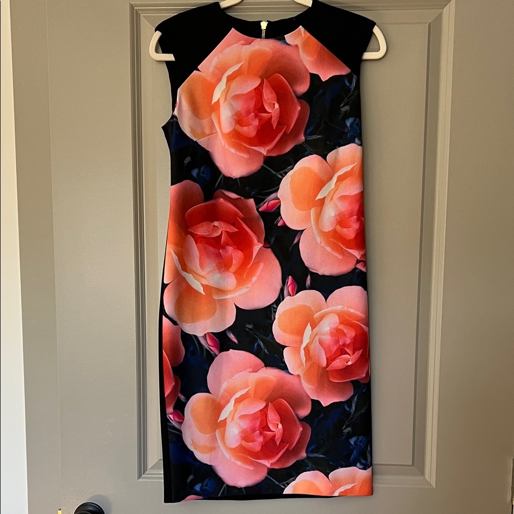 Calvin Klein Collection Black and Orange Floral Midi Dress